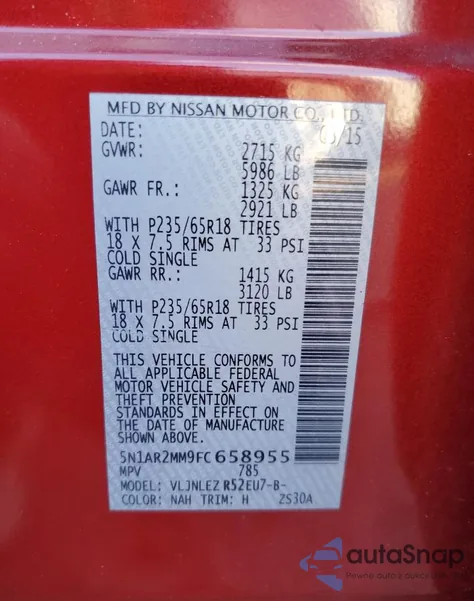 2015 Nissan Pathfinder S из США, поврежденный, VIN 5N1AR2MM9FC658955